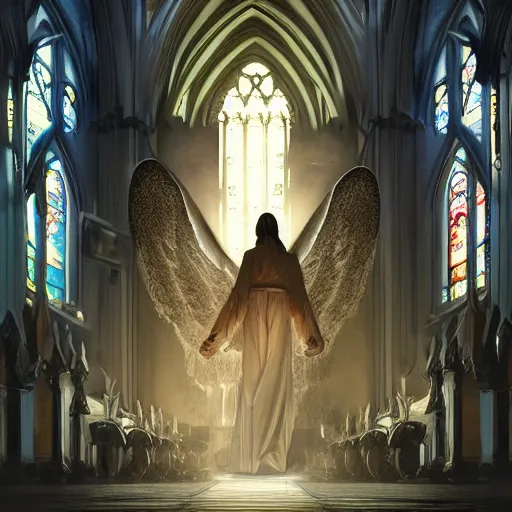 Image similar to angel protecting man who is praying inside a gothic church by Stanley Artgerm Lau, WLOP, Rossdraws, James Jean, Andrei Riabovitchev, Marc Simonetti, Yoshitaka Amano, ArtStation, CGSociety
