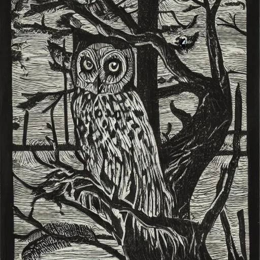 Image similar to owl in haunted woods, woodcut, museum catalog photograph