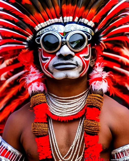 Image similar to photo of a Dramatic Theyyam male dancer with red indian headgear painted face wearing futuristic goggles and futuristic robot suit with traditional theyyam costume in the style of stefan kostic, full body, feather native american headgear, realistic, sharp focus, symmetric, 8k high definition, insanely detailed, intricate, elegant, art by stanley lau and artgerm, Hajime Sorayama, William-Adolphe Bouguereau