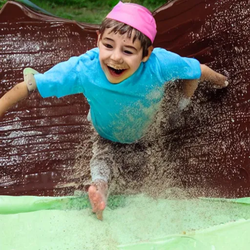 Prompt: photo of a kid sliding through chocolate pudding head first, slip n slide