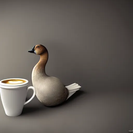 Prompt: highly - detailed painting of a canadian goose in a suit and tie sipping coffee from a mug, octane render, unreal engine, artstation trending, volumetric lighting, 3 5 mm