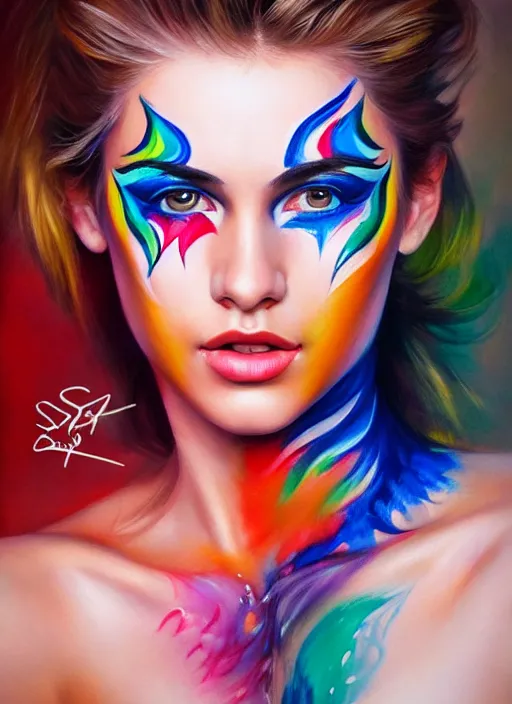 Prompt: full body photo of a gorgeous young woman in the style of stefan kostic, wild colorfully face painting, realistic, sharp focus, 8k high definition, insanely detailed, intricate, elegant, art by stanley lau and artgerm