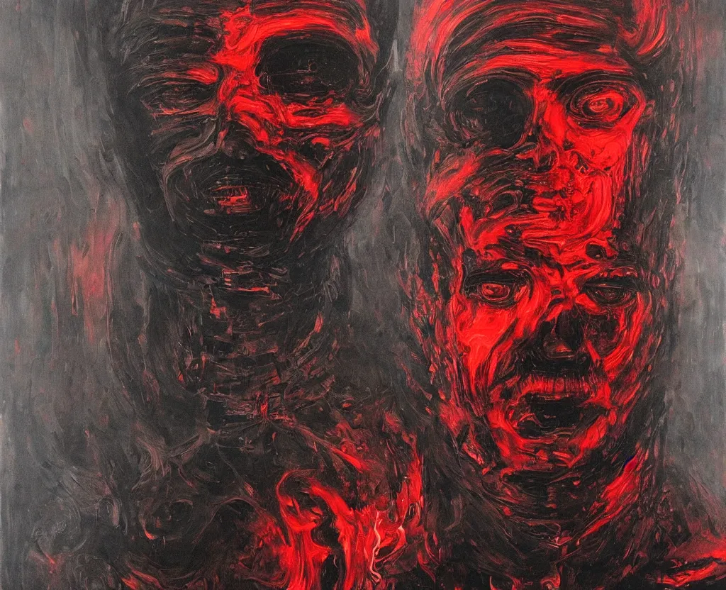 Prompt: my head is covered with black and red smoke, a painting by h. r giger. hyper detailed portrait.