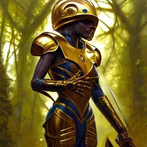 Image similar to photo of a humanoid chameleon dressed in armor with a golden helmet on the head, hold sword in the forest, highly detailed, digital painting, artstation, smooth, sharp focus, illustration, art by artgerm and greg rutkowski and alphonse mucha