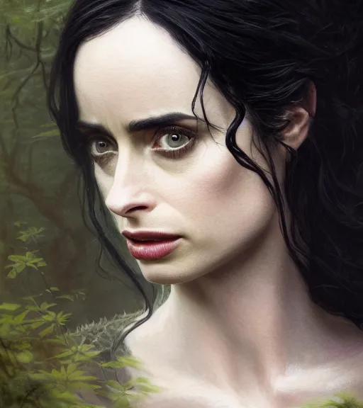 Image similar to 5 5 mm close up portrait photo of krysten ritter as yennefer of vengerberg in black leather armor and long black wavy hair, in a forest. magical atmosphere. art by greg rutkowski. lifelike. very detailed 8 k. intricate. soft light. nikon d 8 5 0.