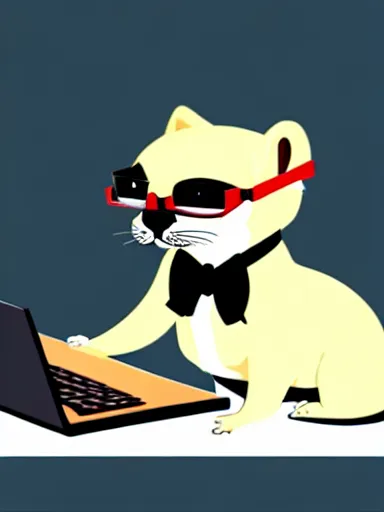 Prompt: beautiful furry art of ferret in a formal suit with laptop, high quality, extremely detailed, black glasses, minimalism