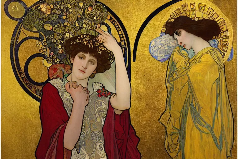 Prompt: the annunciation oil painting cross between the styles of alphonse mucha and gustav klimt gold leaf, intricate detailed,