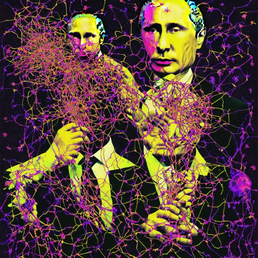 Image similar to portrait of vladimir putin eating of the Strangling network of colorful yellowcake and aerochrome and milky Fruit and His evil Hands hold gossamer polyp blossoms that bring iridescent fungal flowers whose spores black the foolish stars by Jacek Yerka, Mariusz Lewandowski, Houdini algorithmic generative render, Abstract brush strokes, Masterpiece, Edward Hopper and James Gilleard, Zdzislaw Beksinski, Wolfgang Lettl, Yayoi Kasuma, octane render, 8k