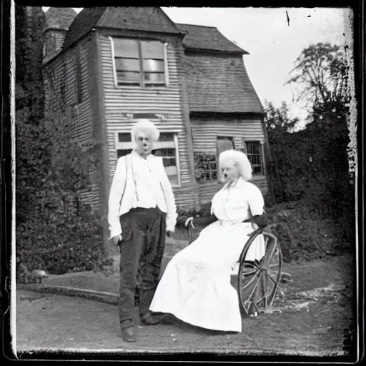 Prompt: 1800s photo of a deformed, white-haired, unattractive albino woman of thirty-five, and an 80 year old man, posing in front of an old victorian farmhouse --steps 50 -n 4 -i -h 2 -w 3