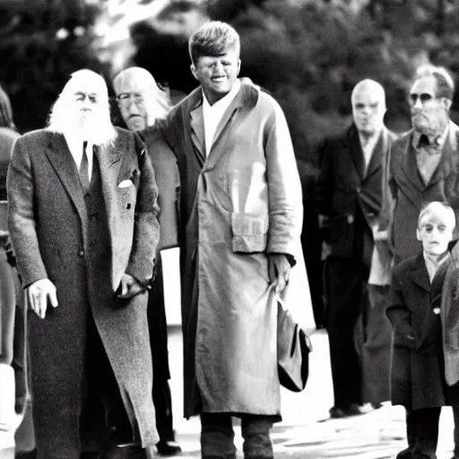 Prompt: a photograph of jfk standing next to gandalf the grey