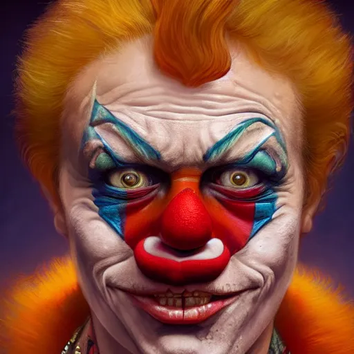 Prompt: perfectly - centered - portrait of a psycho clown, intricate, highly detailed, digital painting, artstation, concept art, smooth, sharp focus, illustration, unreal engine 5, 8 k, art by artgerm and greg rutkowski and alphonse mucha