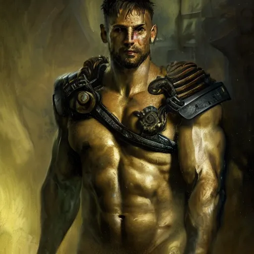 Image similar to handsome portrait of a spartan guy bodybuilder posing, radiant light, caustics, war hero, metal gear, steel bull run, lush moss surroundings, by gaston bussiere, bayard wu, greg rutkowski, giger, maxim verehin