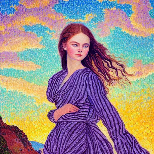 Prompt: professional painting of Elle Fanning in Santorini in the style of Henri-Edmond Cross, head and shoulders portrait, symmetrical facial features, smooth, sharp focus, illustration, intricate, stormy weather, extremely detailed masterpiece,