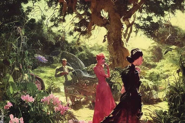 Image similar to 5 0 s pulp scifi illustration, elegant woman in beautiful english country garden, flowers, baobab trees, country mansion, spacehip lands, by norman rockwell, jack kirby, john berkey, bergey, craig mullins, ruan jia, raymond swanland, jeremy mann, beksinski, tom lovell, alex malveda, schomburg