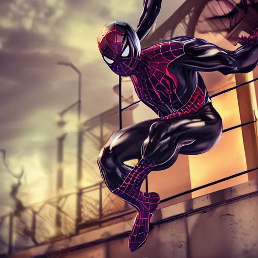 Image similar to a single venom and spider - man hybrid, dslr, cinematic, volumetric lighting