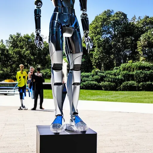 Image similar to a realistic detailed photo of a guy who is an attractive humanoid who is half robot and half humanoid, who is a male android, soccer player martin ødegaard, shiny skin, posing like a statue, blank stare, by the pool, on display, showing off his muscles, humanoid robot, frozen ice statue