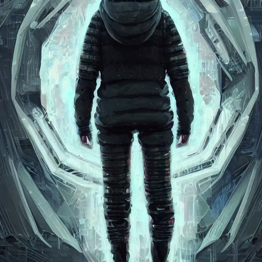 Prompt: detailed portrait of a skilled magic deepdream guardian boy cyberpunk futuristic, reflective puffer jacket, black leggings from the back radiating a glowing aura by ismail inceoglu dragan bibin hans thoma, perfect face, fine details, realistic shaded, fine - face, pretty face