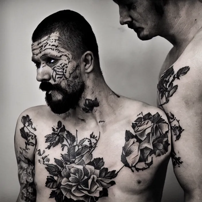 Image similar to photorealistic photo of russian prison tattoos, russian criminal tattoos, nakolki, sergei vasiliev photography