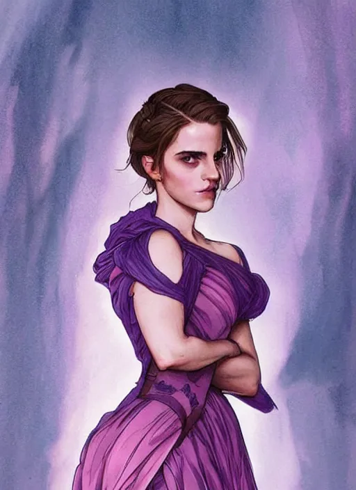 Image similar to emma watson at hogwarts!! at the yule ball wearing revealing elegant pink and purple dress. beautiful detailed face. by artgerm and greg rutkowski and alphonse mucha