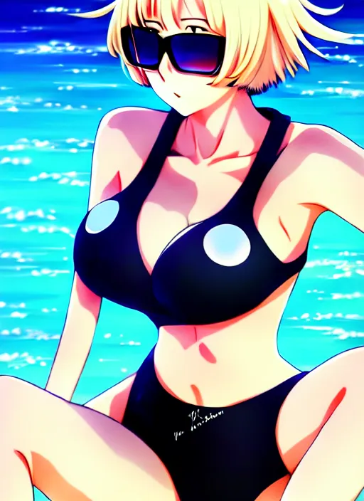 Prompt: anime portrait of fubuki from as a handsome woman, wearing sunglasses and two - piece swimsuit, ilya kuvshinov, anime, pixiv top monthly, trending on artstation, cinematic, danbooru, zerochan art, kyoto animation