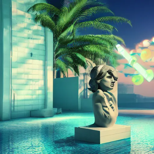 Image similar to a broken statue in a surreal underground white tiled swimming pool surrounded by neon lights and palm trees in vapor wave style, trending on artstation, 3D octane render, hyperrealistic, dramatic lighting, unreal engine, glowy, 8k, 4k, raytracing