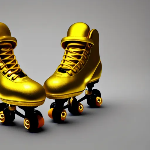 Prompt: a pair of golden roller skates, hyper realistic art concept by hush lino, 4 k ultra fine detail high resolution octane render