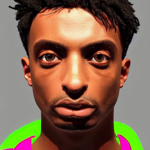 Image similar to playboi carti, photorealistic, detailed face, full body shot, 8 k, hd, neon colors, over saturated colors, wok,