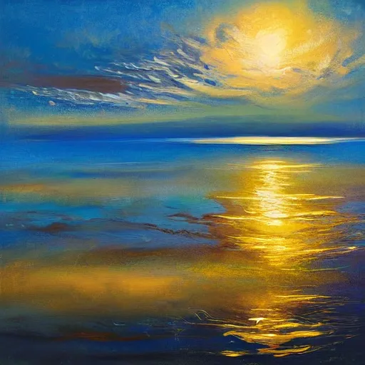 Prompt: spheres and ellipsoids floating over and reflected in the ocean's surface, with majestic thunderheads in the background, pastoral lighting, golden hour, abstract oil painting style, frameless