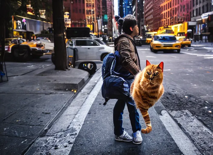 Image similar to photography of a Cat being carried in an half open backpack . in a new york street. award winning photo, led lighting, night, 130mm, sharp, high res