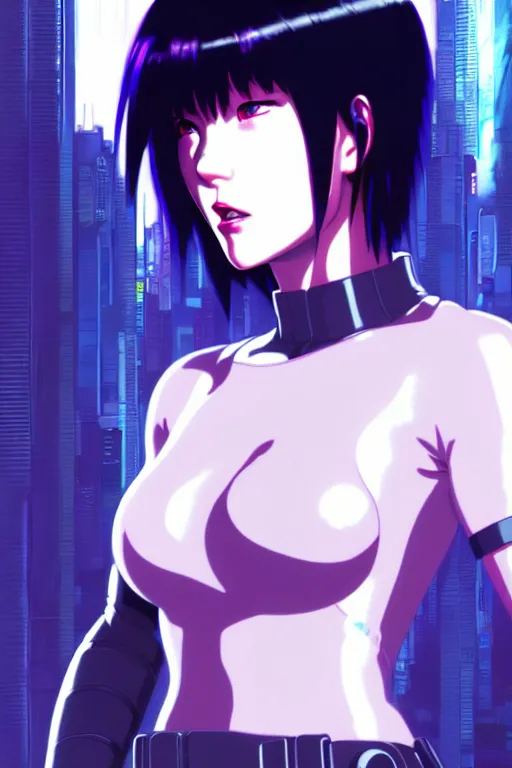 Image similar to a still fullbody portrait of motoko kusanagi ghost in the shell, finely detailed features, closeup at the faces, perfect art, at a cyberpunk city, gapmoe yandere grimdark, trending on pixiv fanbox, by ilya kuvshinov, rossdraws, artgerm