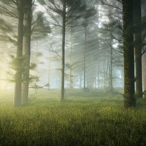 Prompt: Forest in the rain, octane render, volumetric lighting, natural colors