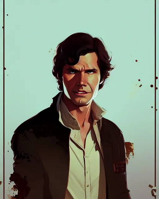 Image similar to portrait of man with dark hair and golden eyes, han solo, by atey ghailan, by greg rutkowski, by greg tocchini, by james gilleard, by joe fenton, by kaethe butcher, dynamic lighting, gradient light blue, brown, blonde cream and white color scheme, grunge aesthetic