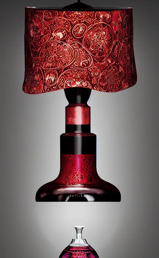 Prompt: a table lamp designed by gucci in the style of a perfume bottle, advertising photography