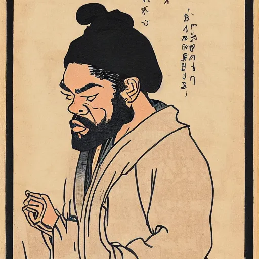 Prompt: Method Man rapping, portrait, style of ancient text, hokusai
