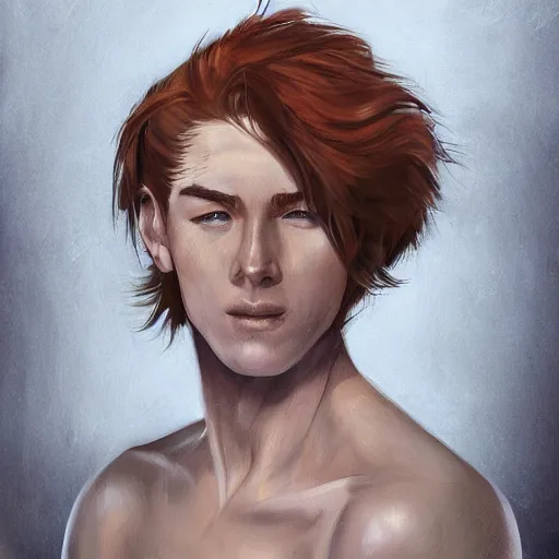 Image similar to portrait of a teen boy with long red hair and a lot of freckles and muscular, intricate, highly detailed, digital painting, artstation, sharp focus, illustration