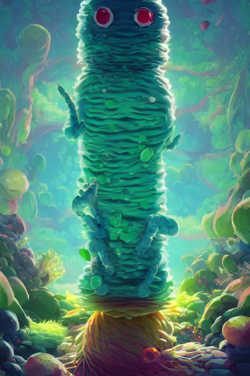 Image similar to roots cactus sushi cristal smurf ghost creature animal sushi cristal very big eye roots cactus elemental flush of force nature micro world fluo fishscale, behance hd by jesper ejsing, by rhads, makoto shinkai and lois van baarle, ilya kuvshinov, rossdraws radiating a glowing aura global illumination ray tracing hdr