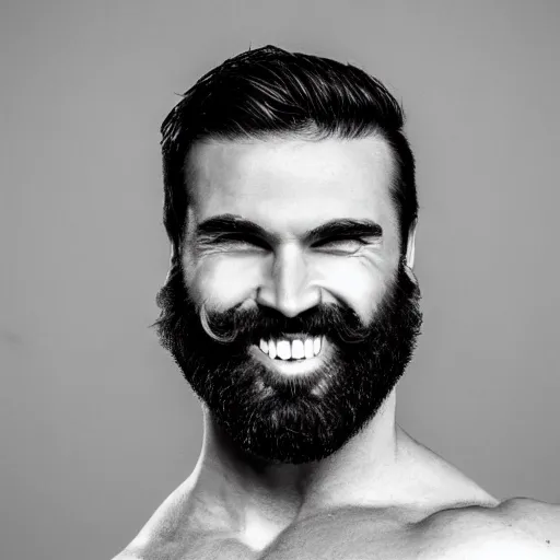 Image similar to black and white photography of a very muscular man smiling with a chiseled jawline and trimmed beard