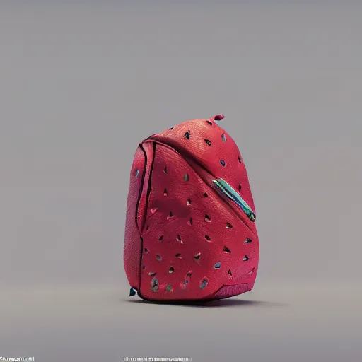 Prompt: a backpack in strawberry fruit shape, digital art, artgem, octane render, artstation, hasselblad photo, 4 k resolution, fashion design, product photo, symmetrical, 5 0 mm