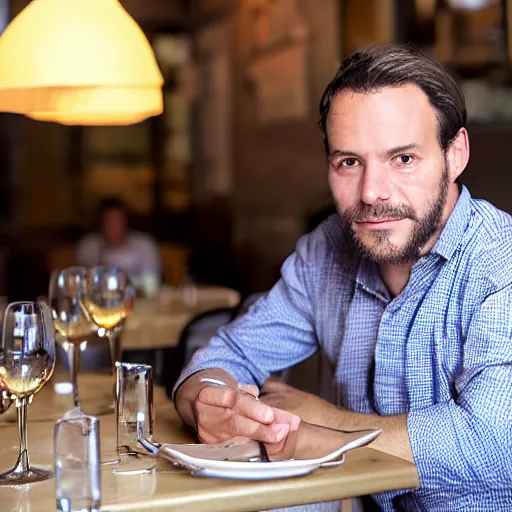 Prompt: photo of a frenchman from france seated in a restaurant ( ( ( in the year 1 9 9 6 ) ) ). 5 0 mm, studio lighting