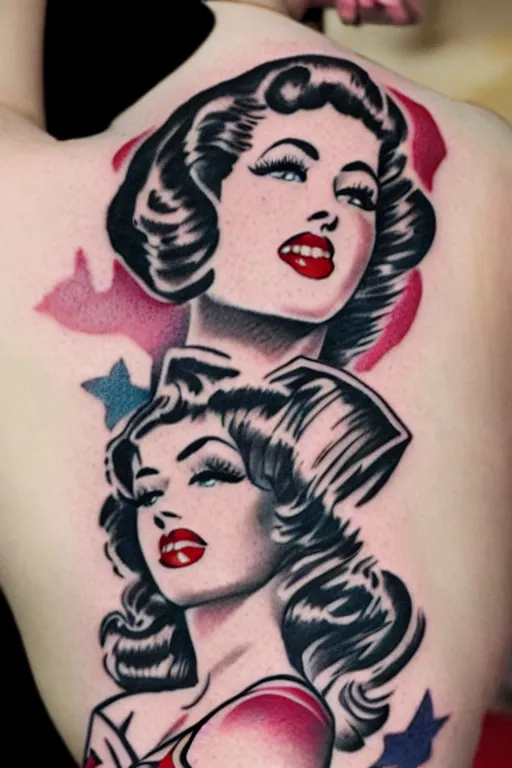 Image similar to traditional American tattoo of a pinup girl, pinup model, WWII style, tattoo by David Corden