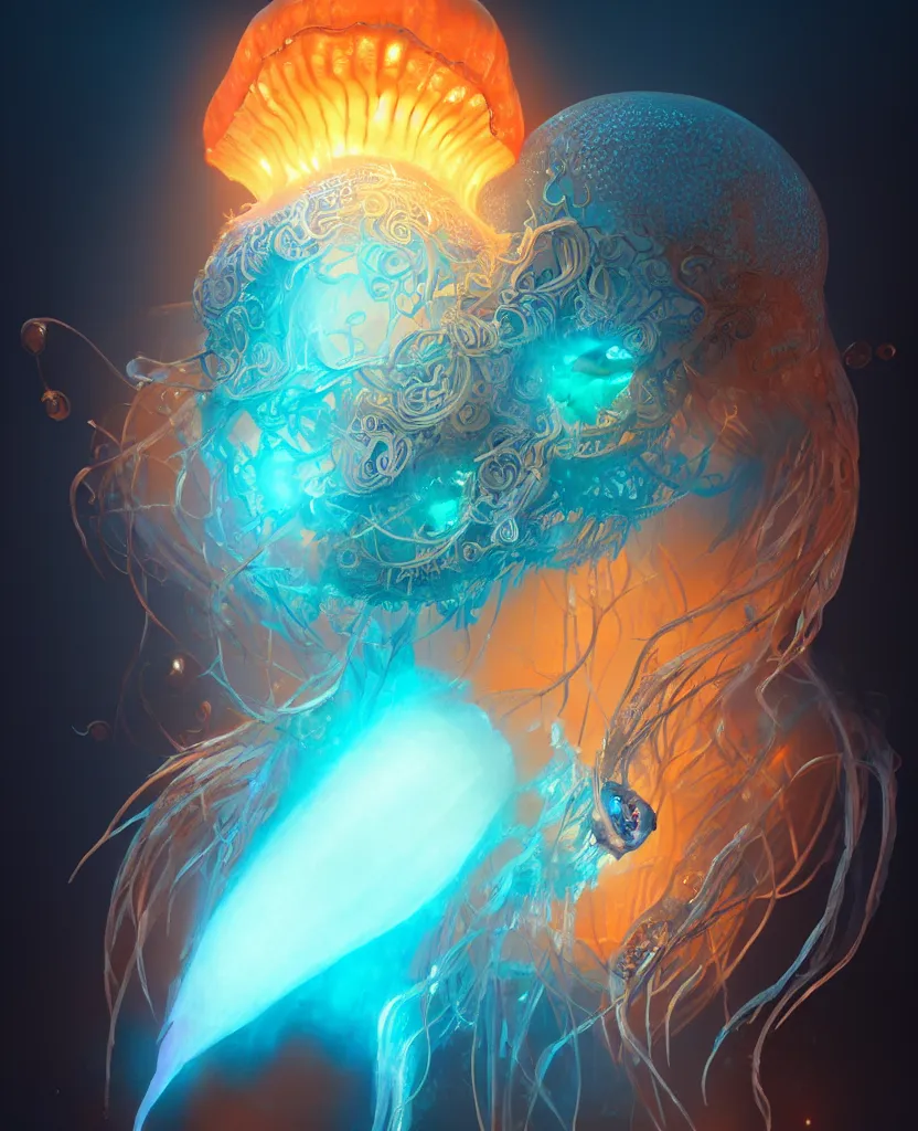 Prompt: goddess unearth creature masked portrait. jellyfish phoenix head, nautilus, butterfly, skull, ice and fire, bioluminiscent creatures, intricate artwork by Tooth Wu and wlop and beeple. octane render, trending on artstation, greg rutkowski very coherent symmetrical artwork. cinematic, hyper realism, high detail, octane render, 8k