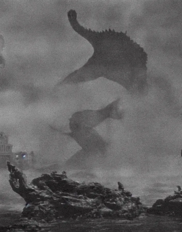 Image similar to a filmstill of a north korean monster movie, kaiju - eiga monster with starfish - arms trampling a traditional korean palace, foggy, film noir, epic battle, etheral, explosions, communist propaganda, communist epic thriller produced by kim jong - il, cinematography by akira kurosawa and tim burton, video compression