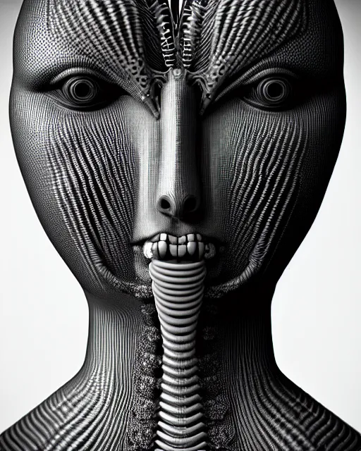 Image similar to mythical black and white organic bio-mechanical spinal ribbed face portrait detail of mechanical beautiful female angelic-vegetal-cyborg, highly detailed, intricate ornate, poetic, 3D render, digital art, octane render, 8K artistic photography, photo-realistic, by Man Ray
