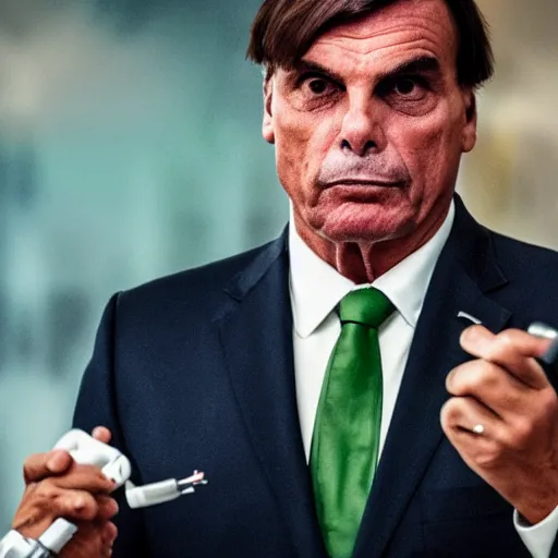 Prompt: president jair bolsonaro vaping, award winning photograph, 4 k, journalistic photo, wide shot, high quality, photo by time magazine.