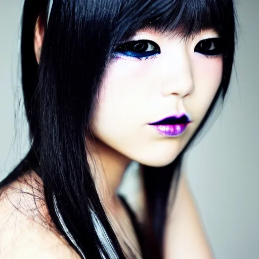 Prompt: photograph of a japanese girl with emo makeup and long hair, bangs