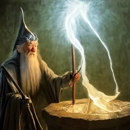 Prompt: the evil ian mckellen smithing on an anvil as gandalf in a dark viking hood playing odin all father crafting the plant of life with vines on an anvil, highly detailed, cinematic shot, cinematic lighting, 8 k, exquisit facial detail, magical realism painting, chiaroscuro, dark painting.