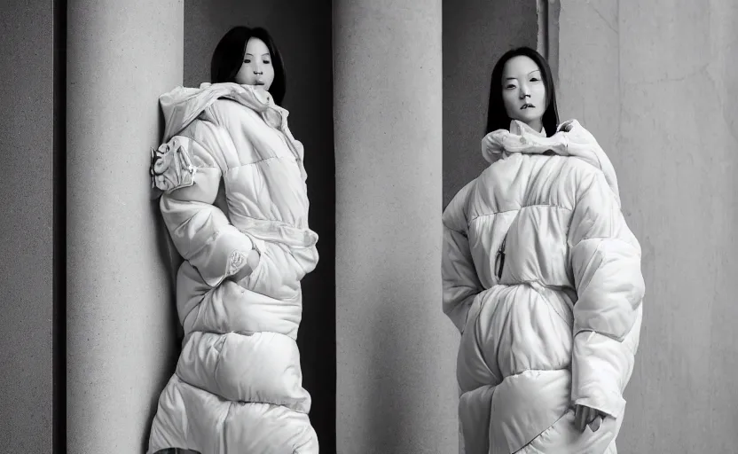 Image similar to well lit fashion shoot portrait of extremely beautiful female marble statue wearing huge over size puffer jacket by dingyun zhang, yeezy, balenciaga, vetements, a cold wall, sharp focus, clear, detailed,, cinematic, detailed, off white, glamourous, symmetrical, vogue, editorial, fashion, magazine shoot, glossy