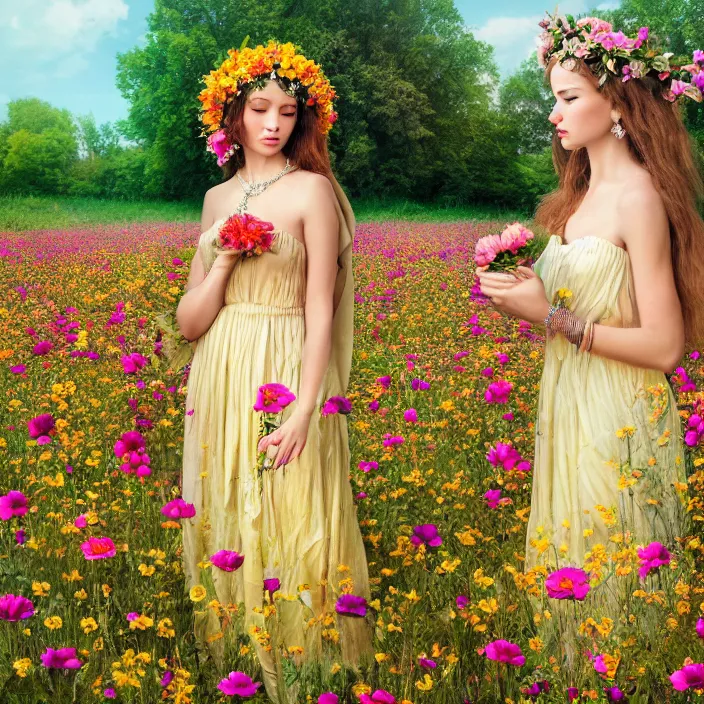 Prompt: photograph of a real-life beautiful flower goddess with ornate dress sat in a flower field. Extremely detailed. 8k