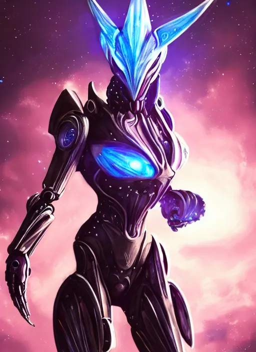 Image similar to detailed cinematic shot, cosmic sized perfectly proportioned stunning beautiful hot female warframe, robot mecha female dragon head, metal ears led eyes, silver armor, fuschia leds, floating in empty space, nebula sized, holding a galaxy, epic proportions, epic size, epic scale, furry art, dragon art, giantess art, warframe fanart, furaffinity, deviantart