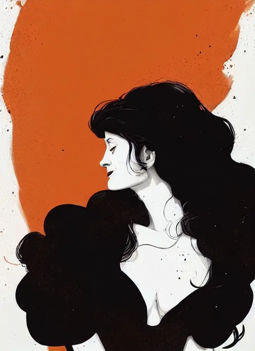 Image similar to highly detailed closeup portrait of beautiful grace gummer as dom dipierro, wavy ginger hair, black dress, by atey ghailan, by greg rutkowski, by greg tocchini, by james gilleard, by joe fenton, by kaethe butcher, gradient orange, black and white color scheme, grunge aesthetic!!! ( ( graffiti tag wall background ) )